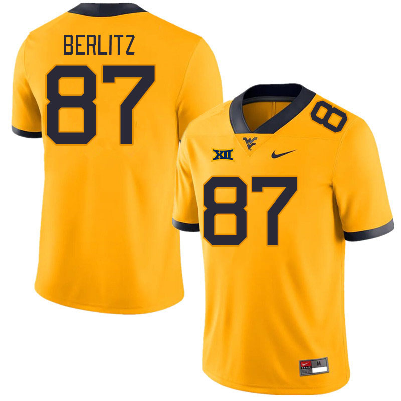 Men #87 Derek Berlitz West Virginia Mountaineers College Football Jerseys Stitched Sale-Gold - Click Image to Close